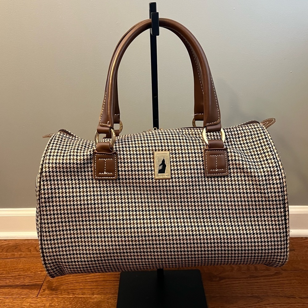 Vintage London Fog  Brown/Tan Houndstooth Weekender Duffel Travel Bag
